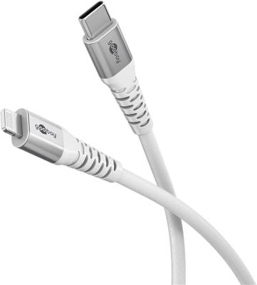 Goobay Lightning-USB-C™ supersoft textilkabel med metallkontakter, 3 m, vit MFi-certifierad, elegant och extra robust laddnings- och synkroniseringska