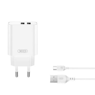 XO Vegglader med 2xUSB 2,4A + USB til USB-C-kabel - Hvit