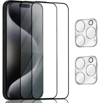 2-Pack ‏‏Iphone 15 Pro Skærmbeskyttelse & 2-Pack linsebeskyttelse - Hærdet Glas 9H - Super kvalitet 3D