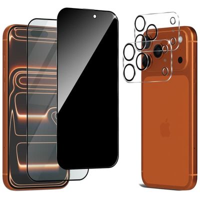 2-Pack iPhone 17 Pro Skærmbeskyttelse (1 Privacy + 1 Klar) & 2-Pack linsebeskyttelse - Hærdet Glas 9H - Super kvalitet 3D