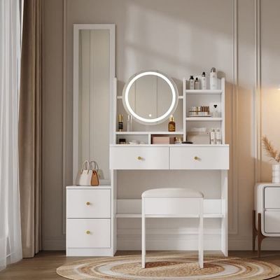 4-i-1 toiletbord med helkropsspejl, drejeligt spejl, LED-belysning i 3 farver, skammel og metalhåndtag – hvid – 109x36x164 cm