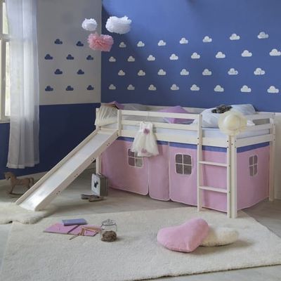 Loftseng med gardin og rutsjebane - Pink