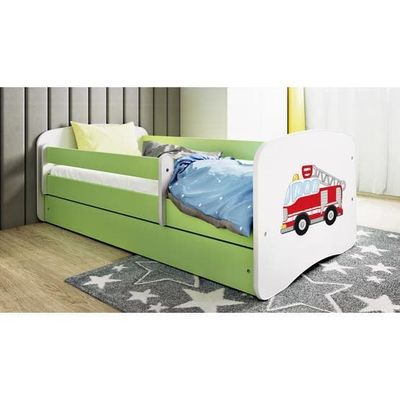 Tremmeseng - Babydreams Grøn - Brandbil Med Kasse Og Madras 140x70 Cm