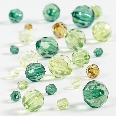 Harmoni Facettperlemix, str. 4-12 mm, hullstr. 1-2,5 mm, grønn glitter, 45g/ 1 pk.