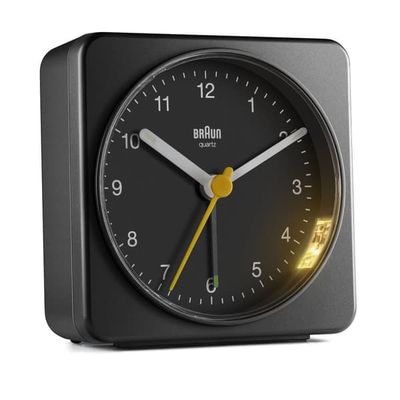 Braun vekkerklokke uten tikking. Sort med lys BC03B