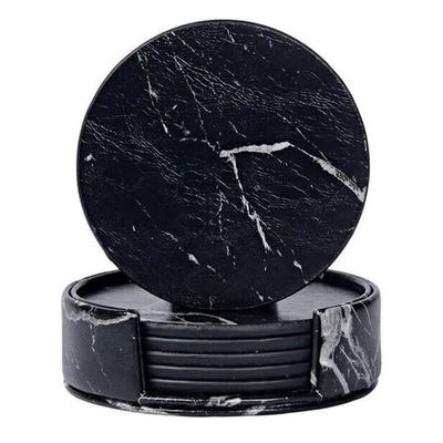6-pakke med reversible glassbaser svart marmor PU med holder