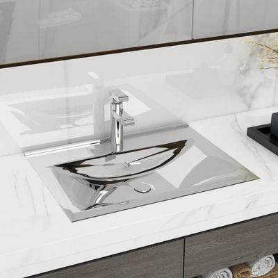 Rektangulärt handfat i keramik med bräddavlopp | Storlek: 60x46x16 cm | Färg: Silver