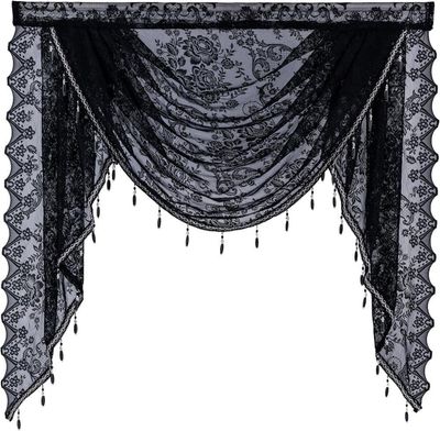 Moorle Floral Vintage Curtain Semi-Transparent Lace Curtain with Pearl Tassel Decoration Wave Sheer Curtain with Rod Pocket Design