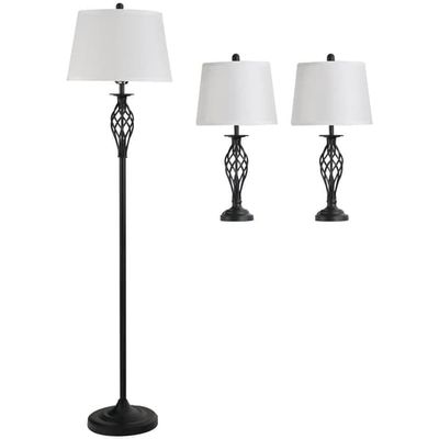 3-delat lampset 2 bord + 1 golv vintage svart/vit metall/bomull vardagsrum