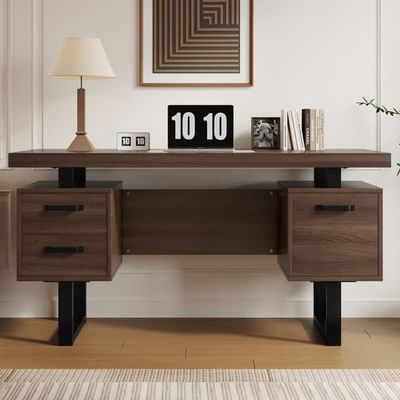 Skrivebord 135x54 cm – MDF arbejdsbord med stålstel – Støjsvagt skuffe- og mapperum – Vandafvisende og rummelig bordflade – Brun