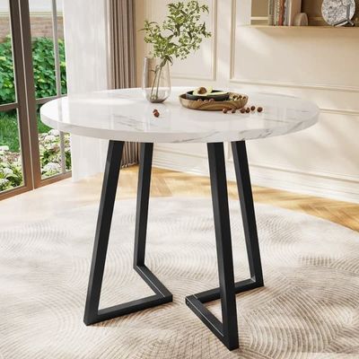Rundt spisebord med marmormønster – Moderne køkkenbord med unik sort metalfod, hvid/sort
