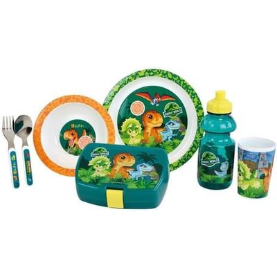JURASSIC WORLD - Barnservis set med glas, sopptallrik, tallrik, bestick, vattenflaska och snackslåda