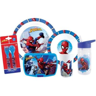 Servis set - FUN HOUSE - SPIDERMAN - Glas, tallrik Ø22 cm och Ø16 cm, bestick, vattenflaska och snackslåda