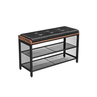 Skobänk Vadderad bänk med näthylla Skoställ 80 x 30 x 48 cm Hall Sovrum Metall Utrymmesbesparande Industriell Design Faux Läder Vintage Brun Svart