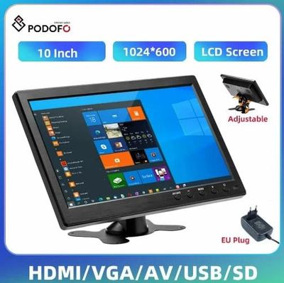 Podofo 10,1" LCD HD-skærm, mini-tv og computerhøjttaler, HDMI VGA-skærm, farveskærm, bilbackupkamera og sikkerhedssystem til hjemmet