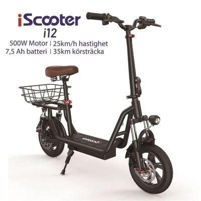 iScooter i12 Commuter E-Scooter 500W Motor Inbyggd Säte 120kg Cargo 12" Däck Svart 35km Räckvidd