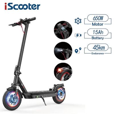iScooter i10 elektrisk skoter 40-45 km räckvidd, 650W motor, 42V 15Ah batteri 10 tums uppblåsbara däck, dubbla bromsar, (svart)