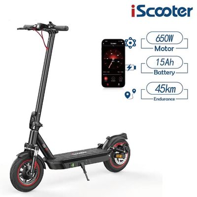 iScooter i10 elektrisk skoter 40-45km räckvidd, 42V 15Ah batteri, 650W motor 10 tums uppblåsbara däck, dubbla bromsar, (svart)
