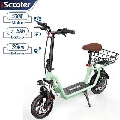 iScooter i12 Commuter Electric Scooter - 12 tums däck 500W motor, inbyggt säte, 35 km räckvidd, 120 kg last, grön