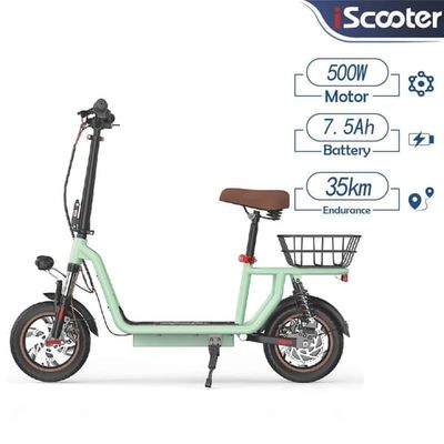Commuter Electric Scooter iScooter i12- 500W motor, inbyggt säte, räckvidd 35km, 12 tums däck, 120kg last, grön