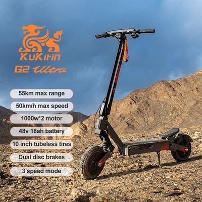 KuKirin G2 Ultra 10” elscooter med dubbla 1000W motorer, 18Ah batteri, Bluetooth-högtalare, integrerad pekskärm, justerbara LED-strålkastare