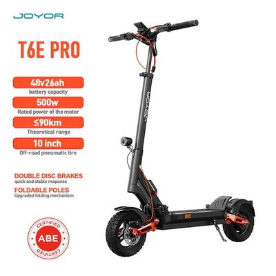 JOYOR T6E Pro 10" Elscooter, 500W Motor, 26Ah Batteri, 20 km/h Maxhastighet, 90 km Max Räckvidd, Dubbla Stötdämpare