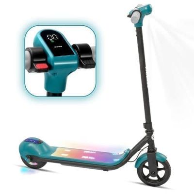 Elkickbike för barn upp till 14 km/h, 5–8 km räckvidd, elbroms, Bluetooth och färgglada LED-ljus, från 6 år