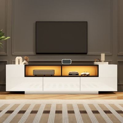 TV-bänk 180x40x48 cm, vit + svart högblank, LED, L-form, lådor, för 75-tums TV