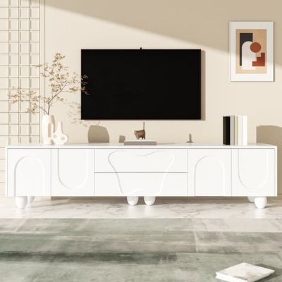 TV-bänk 180 cm vit med träben, minimalistisk och elegant med gott om förvaring och stilren design för vardagsrum