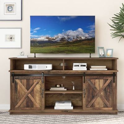 Stort tv-skab 148x40x78 cm med skydelåger, justerbare hylder, skænk i landlig design til stue og spisestue