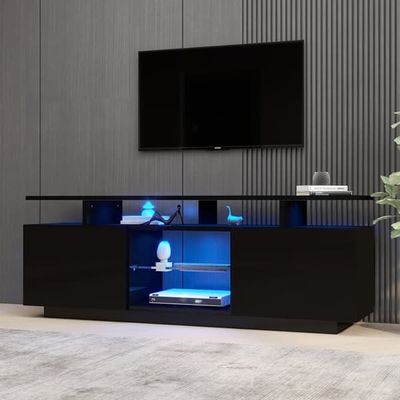 Sort tv-bord 140 cm med 16-farvet LED, højglansdør og glasrum til op til 60" TV