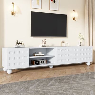 TV-skab 200x40x44 cm med 3 døre i mønsterdesign, lowboard med 5 ben, til TV op til 80 tommer, hvid