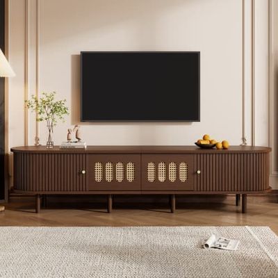Ovalt TV-skab 180 cm i mørk valnød, rattandesign, MDF, med 2 skuffer og rullegardindør, TV-møbler til stuen