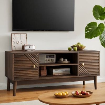 110 cm TV-bänk, Mid-Century Modern för 32-45 tum TV, Mediamöbel med förvaring för vardagsrum och sovrum, Walnöt