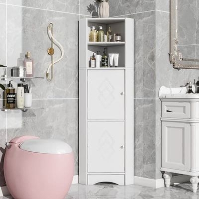 Hörnskåp för badrum – vitt badrumsskåp med 2 hyllor och justerbar insats – 36,5x36,5x155 cm