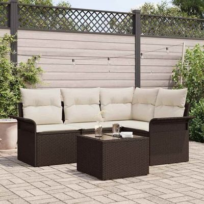 Moderne Havesofa sæt i poly rattan med puder - 5 dele | Farve: Brun