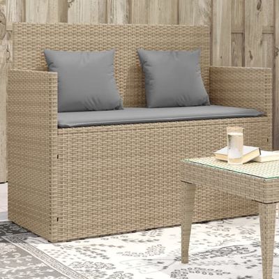 Trädgårdsbänk med förvaring för kuddar - Bekväm utemöbel | Färg: Beige | Material: Konstrotting
