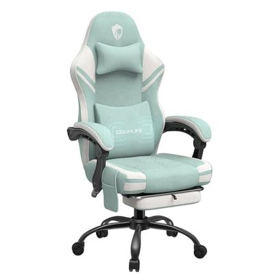Gamingstol, computerstol i stof med massage, kontorstol med udvidet hynde, ergonomisk stol med højt ryglæn, fodstøtte op til 158 kg, grøn