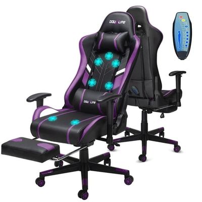 GC-RC03 Gamingstol, med 7-punktsmassage, fotstöd, ergonomisk kontorsstol, 90-175° justerbart ryggstöd, PC-spelstol upp till 180 kg, lila