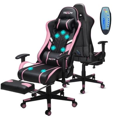 GC-RC03 Gamingstol, med 7-punktsmassage, fotstöd, ergonomisk kontorsstol, 90-175° justerbart ryggstöd, PC-spelstol upp till 180 kg, rosa