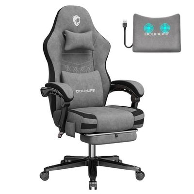 GC-RC05 Tyg Gamingstol Massage med Pocketfjäder Breddad Kudde Hög Rygg Ergonomisk Fotstöd Ländryggsstöd Uppgraderad Kontorsstol, grå