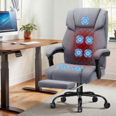 Massagestol för kontor med värme och 7 vibrationspunkter, 180° lutning, fotstöd, 200 kg viktkapacitet, chefsstol för långa personer, grå