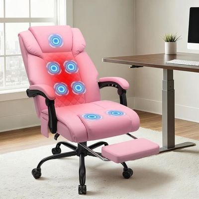 Massagestol för kontor med värme och 7 vibrationspunkter, 180° lutning, fotstöd, 200 kg viktkapacitet, kontorsstol för långa personer, rosa