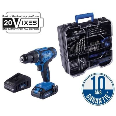 20V IXES sladdlös borr-/skruvmejsel + 1 2 Ah batteri, laddare, låda inklusive 74 tillbehör - C-DTB74/1-X