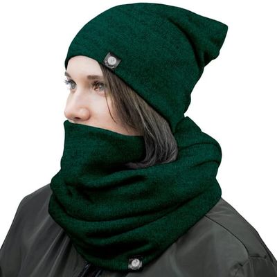 Strikket hue og tørklædesæt 1W M01 flaskegrøn M
