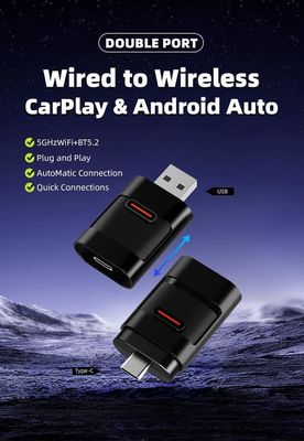 Ny 2025 2-i-1 CarPlay & Android Auto Adapter – Fra kabel til trådløs, Dual Port (USB & Type-C), Bluetooth 5.2 + WiFi 5GHz, Stabil forbindelse uden for