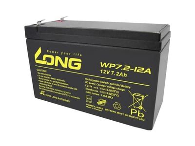 Lång WP7.2-12A/F2 WP7.2-12A/F2 Blybatteri 12 V 7,2 Ah Blyfilt (B x H x D) 151 x 102 x 65 mm Plattkontakt 6,35 mm VDS-certifiering, låg självurladdnin