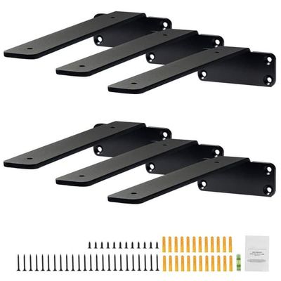Hyllfäste 8"L x 4"B x 1,6"H, 6 st, Heavy Duty, Flytande hyllfästen, Fästen för hyllor, 5 mm tjock mattsvart, L Hyllkonsol, Stålhyllor med 160"