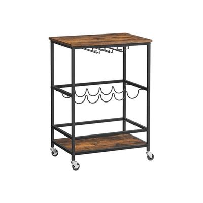 Köksvagn på hjul, Serveringsvagn med glas - och flaskhållare, 60x40x75 cm – Industriell vintage brun - svart, LRC087B01