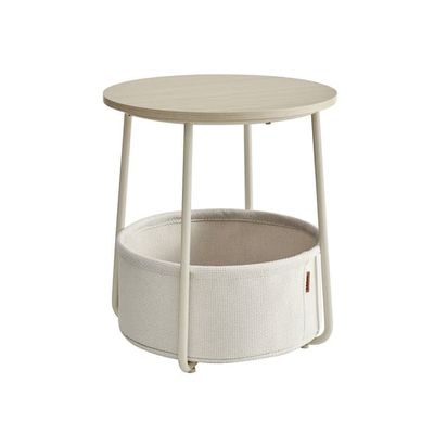 Litet runt soffbord, sidobord med tygkorg, förvaring för vardagsrum, sovrum, sängbord, modern stil, gräddvit LET223K67